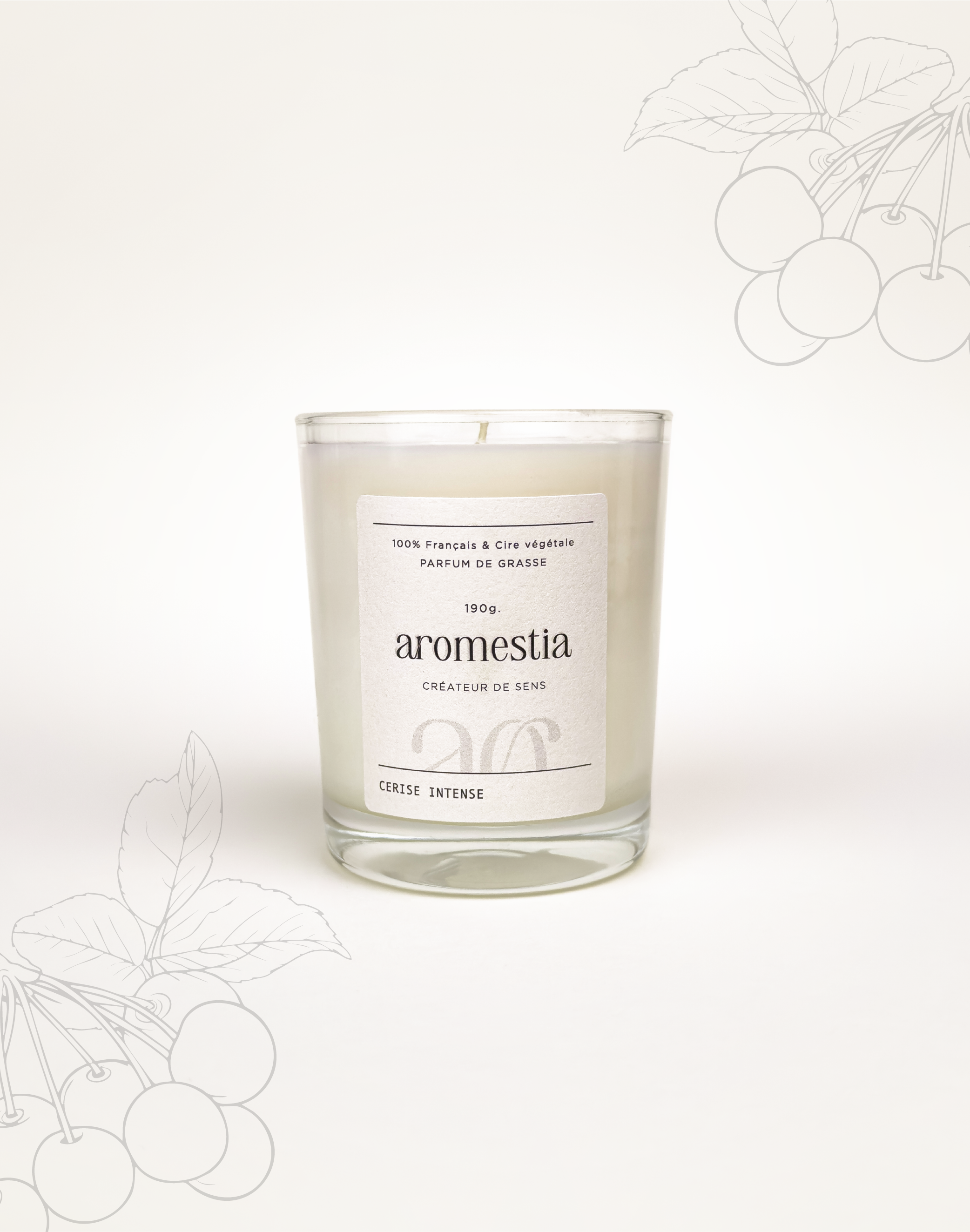 Bougie cerise intense Aromestia contenant transparent
