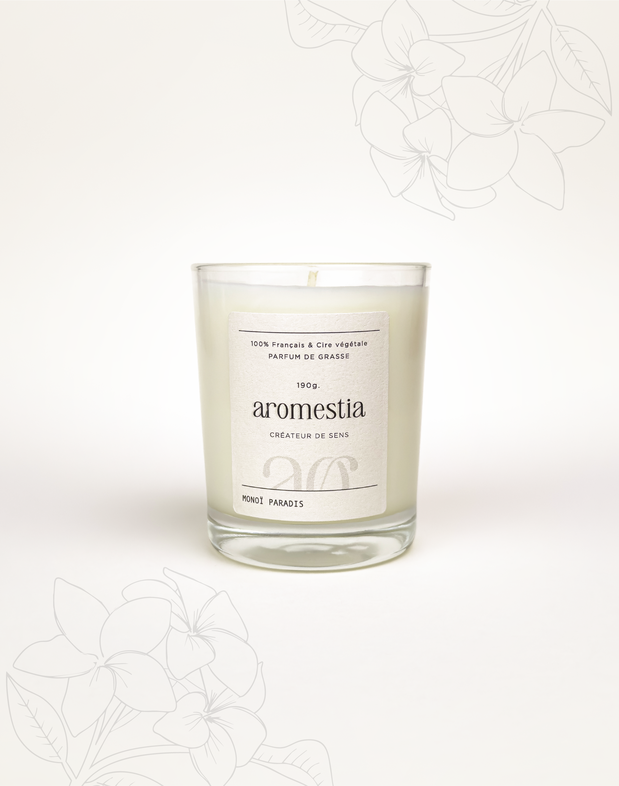 Bougie parfumée monoï avec contenant transparent Aromestia